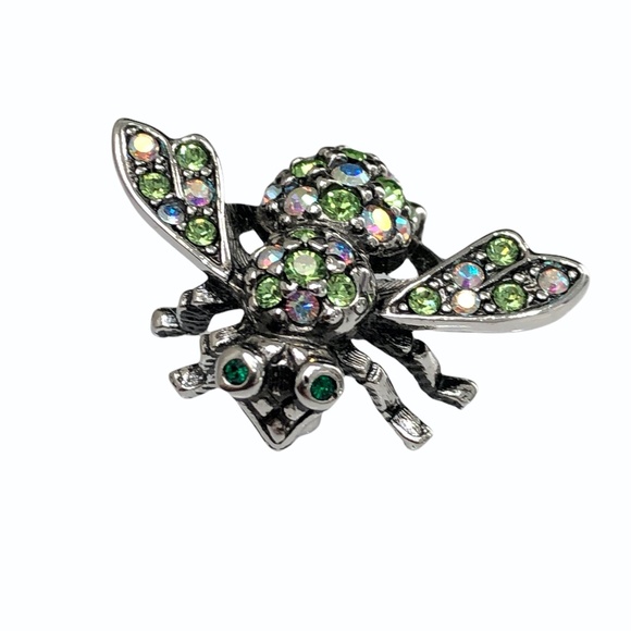 JOAN RIVERS CLEAR AURORA BOREALIS & GREEN CRYSTALS SILVER TONE BUMBLEBEE BROOCH - Picture 14 of 16